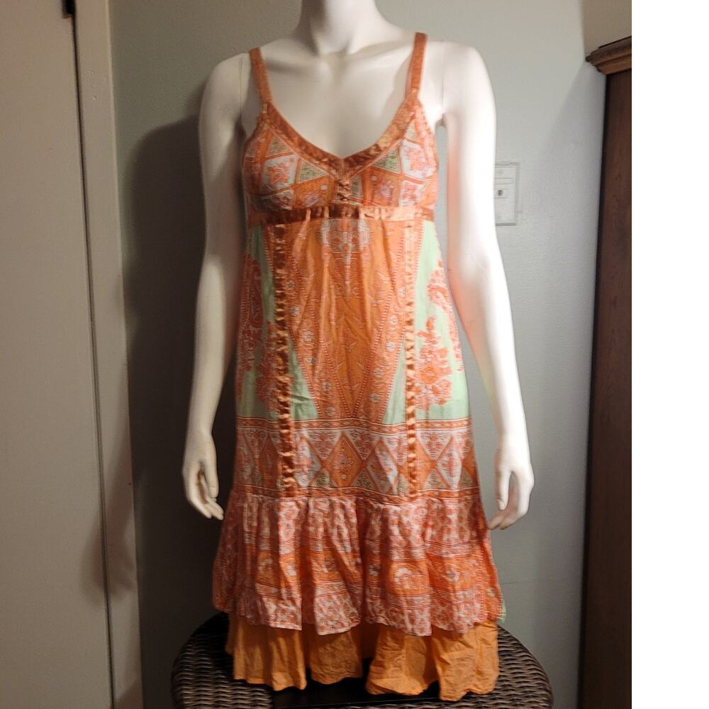Chaudry Patchwork Midi Dress Small Boho Festival Flowy Ruffle Hem Orange - Picture 12 of 13